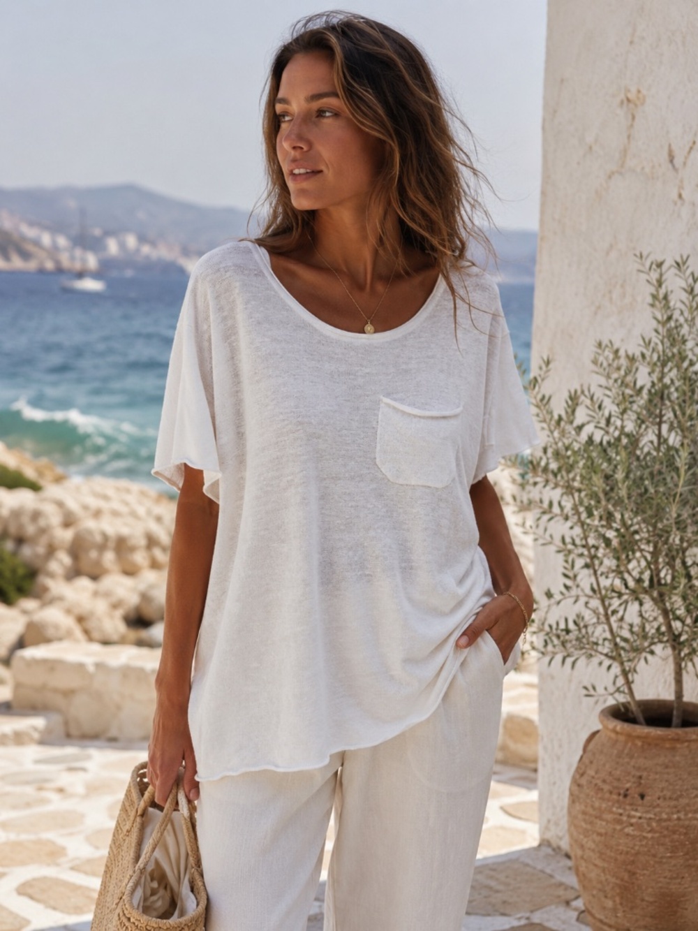 Linen oversized/relaxed white,linen top short sleeves S coastal nautical beach